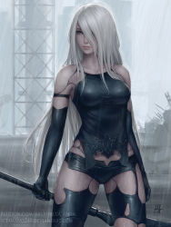 Rule 34 | 1girl, android, artist name, bare shoulders, black gloves, blue eyes, collarbone, commentary, elbow gloves, gloves, hair over one eye, highres, holding, holding weapon, lips, long hair, mole, mole under mouth, nier (series), nier:automata, rain, realistic, revision, sciamano240, short shorts, shorts, signature, silver hair, solo, sword, thigh gap, thighhighs, torn clothes, torn thighhighs, weapon, wet, wet hair, a2 (nier:automata)