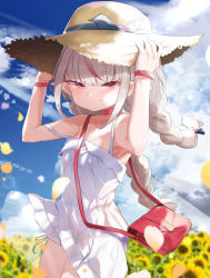 1girl absurdres bag bare_shoulders blue_sky blush braid breasts cloud collar commentary_request day dress flower handbag hat highres looking_at_viewer makaino_ririmu makaino_ririmu_(3rd_costume) nijisanji outdoors platinum_blonde_hair pointy_ears purple_eyes red_hair sky sleeveless sleeveless_dress small_breasts smile solo strap_slip straw_hat sunflower twin_braids utsusumi_kio virtual_youtuber white_dress