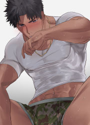 Rule 34 | 1boy, abs, bara, black eyes, black hair, blush, boxer briefs, bulge, camouflage, camouflage boxer briefs, camouflage male underwear, camouflage underwear, clothes lift, covered erect nipples, green male underwear, haiki (tegusu), highres, jewelry, male focus, male underwear, muscular, muscular male, navel, necklace, original, pectorals, print boxer briefs, print clothes, print male underwear, print underwear, shirt, shirt lift, short hair, solo, spread legs, stomach, sweat, thick thighs, thighs, tight clothes, tight shirt, underwear, wet, wet clothes, wet shirt, white background, white shirt, wiping face