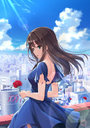 Rule 34 | 1girl, aqua eyes, bare back, blue dress, breasts, brown hair, building, cityscape, cloud, commentary request, dress, earrings, flower, holding, holding flower, idolmaster, idolmaster cinderella girls, jewelry, lens flare, long hair, looking at viewer, looking back, medium breasts, open mouth, petals, shibuya (tokyo), shibuya 109, shibuya rin, short sleeves, sidelocks, sky, solo, sunlight, tamakaga, thighhighs, tokyo (city), valentine, wind