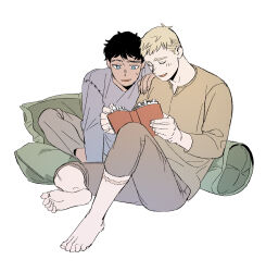 Rule 34 | 2boys, barefoot, black hair, blonde hair, blue eyes, brown shirt, closed eyes, commentary request, daki info, dark-skinned male, dark skin, dungeon meshi, full body, grey pants, grey shirt, hand on another&#039;s shoulder, hands up, highres, kabru, knee up, korean commentary, laios touden, long sleeves, male focus, multiple boys, open mouth, pants, pillow, reading, scar, scar on leg, shirt, short hair, simple background, sitting, very short hair, white background