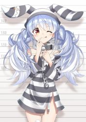 Rule 34 | 1girl, ;p, animal ears, bare shoulders, blue hair, blush, braid, chain, collar, collarbone, commentary request, cowboy shot, hair between eyes, hands up, hololive, kuuma25 kuma, long hair, long sleeves, looking at viewer, metal collar, mugshot, off-shoulder shirt, off shoulder, one eye closed, orange eyes, prison clothes, rabbit-shaped pupils, rabbit ears, shirt, smile, solo, standing, striped clothes, striped headwear, striped shirt, symbol-shaped pupils, thick eyebrows, tongue, tongue out, twin braids, twintails, usada pekora, usada pekora (prisoner), very long hair, virtual youtuber