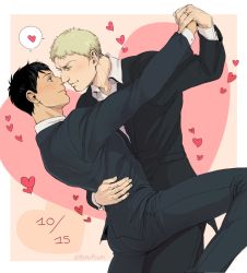 Rule 34 | 2boys, ass, bertolt hoover, black pants, black suit, blonde hair, brown hair, couple, dancing, dated, eye contact, feet out of frame, heart, husband and husband, looking at another, male focus, multiple boys, nene (10575936), noses touching, pants, reiner braun, shingeki no kyojin, short hair, spoken heart, suit, yaoi