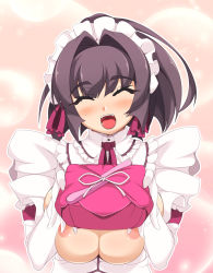Rule 34 | 1girl, ^ ^, akatsuki alut, anus, blush, breastless clothes, breasts, brown hair, elbow gloves, closed eyes, frills, gloves, happy, highres, huge breasts, inverted nipples, large breasts, maid, maid headdress, mel/a, nipples, bento, open clothes, original, puffy nipples, red eyes, saionji mikoto, solo