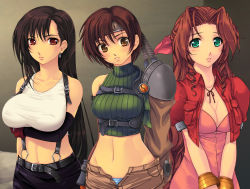 Rule 34 | 1990s (style), 3girls, aerith gainsborough, armor, bare shoulders, belt, belt bra, blush, bow, bracelet, breast hold, breasts, brown hair, choker, cleavage, crop top, dress, drill hair, earrings, female focus, final fantasy, final fantasy vii, green eyes, groin, hair ribbon, headband, highres, jacket, jewelry, large breasts, lineup, long hair, midriff, miniskirt, multiple girls, open fly, orange eyes, panties, pencil skirt, pink bow, pink dress, red eyes, retro artstyle, ribbon, shirt, short hair, shorts, skirt, square enix, strap, striped clothes, striped panties, suspenders, tank top, taut clothes, taut shirt, tifa lockhart, turtleneck, underwear, unzipped, v arms, very long hair, yoko juusuke, yuffie kisaragi