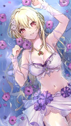 Rule 34 | 1girl, absurdres, bare shoulders, bikini, blonde hair, blush, breasts, cleavage, collarbone, detached sleeves, flower, frilled sleeves, frills, hair between eyes, hair flower, hair ornament, highres, idolmaster, idolmaster cinderella girls, idolmaster cinderella girls starlight stage, jewelry, kurosaki chitose, long hair, looking at viewer, medium breasts, navel, open mouth, partially submerged, red eyes, smile, solo, soubimonogatari507, swimsuit, white bikini, wrist wrap