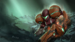 Rule 34 | 1girl, absurdres, arm cannon, armor, cave, embers, highres, leaning forward, metroid, nintendo, power armor, rock, samus aran, science fiction, signature, sitting, solo, themimig, varia suit, visor, weapon