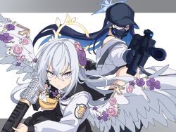 Rule 34 | 2girls, azusa (blue archive), baseball cap, black hair, black hat, blue archive, blue hair, closed mouth, commentary request, crossed bangs, dress, feathered wings, flower, gloves, grey hair, gun, hair between eyes, halo, hat, highres, holding, holding gun, holding weapon, long hair, long sleeves, looking at viewer, mask, momomatang, mouth mask, multicolored hair, multiple girls, pink flower, purple flower, saori (blue archive), two-tone background, very long hair, weapon, white wings, wing ornament, wings