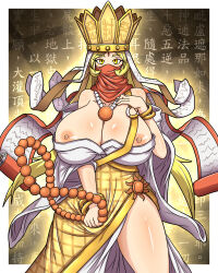 Rule 34 | 1girl, beads, blonde hair, breasts, breasts out, chinese clothes, chinese text, cleavage, crown, digimon, digimon (creature), female focus, highres, huge breasts, journey to the west, monk, nipples, prayer beads, sanzomon, scroll, solo, tang sanzang, yellow eyes
