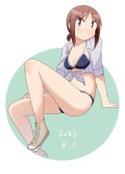 Rule 34 | 1girl, arm support, bikini, black bikini, breasts, brown eyes, brown footwear, brown hair, circle, cleavage, closed mouth, collarbone, collared shirt, commentary request, cross-laced footwear, dated, green background, invisible chair, katatsuka kouji, light blush, looking at viewer, medium breasts, okano kei, open clothes, open shirt, polka dot, polka dot bikini, ponytail, purple shirt, shirt, shoes, short hair, short ponytail, sidelocks, sitting, sleeves rolled up, sneakers, solo, swimsuit, tied shirt, two-tone background, white background, yuyushiki