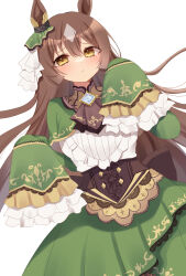 Rule 34 | 1girl, absurdres, animal ears, ascot, black ascot, blush, brown hair, buttons, commentary, cowboy shot, double-breasted, dress, ear ornament, frilled dress, frills, green dress, hair between eyes, highres, horse ears, horse girl, kaoru (h8qm9), long hair, looking at viewer, multicolored hair, pout, satono diamond (umamusume), simple background, sleeves past fingers, sleeves past wrists, solo, streaked hair, umamusume, very long hair, very long sleeves, white background, yellow eyes