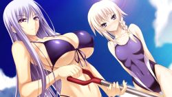 Rule 34 | 2girls, arms behind back, bare arms, bare shoulders, bikini, blonde hair, blush, braid, breasts, closed mouth, covered navel, embarrassed, game cg, huge breasts, legs, long hair, looking at viewer, matching hair/eyes, multiple girls, original, outdoors, purple bikini, purple eyes, purple hair, sangoku hime, sangoku hime 2, shiny clothes, shovel, shuuyu koukin (sangoku hime), single braid, sky, small breasts, sonsaku (sangoku hime), standing, sun ce, swimsuit, thigh gap, thighs, unicorn-a