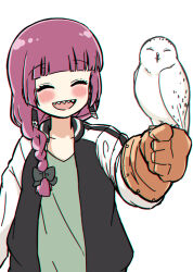 Rule 34 | 1girl, ^ ^, bird, black jacket, blush, bocchi the rock!, bow, braid, braided ponytail, chromatic aberration, closed eyes, earrings, falconry glove, hair bow, hiroi kikuri, jacket, jewelry, long hair, long sleeves, open clothes, open jacket, open mouth, outstretched arm, owl, purple hair, sharp teeth, simple background, smile, solo, teeth, torako (toramaru), upper body, upper teeth only, white background