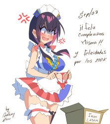 Rule 34 | 1girl, absurdres, anger vein, angry, anthony zero, apron, artist name, black hair, blue dress, blush, bow, box, breasts, cardboard box, colored inner hair, commentary, dress, frilled straps, hair bow, highres, hina misora, holding, holding clothes, holding panties, holding underwear, low twintails, maid apron, maid headdress, medium breasts, milestone celebration, multicolored hair, open mouth, panties, pink bow, pink eyes, pink hair, red panties, solo, spanish commentary, spanish text, thigh strap, translated, twintails, underwear, v-shaped eyebrows, virtual youtuber, wactor production, white background