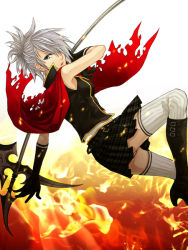 Rule 34 | bare shoulders, blue eyes, boots, cape, final fantasy, final fantasy type-0, fire, hair over one eye, panties, ponytail, sice (fft-0), silver hair, skirt, thighhighs, underwear