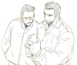 Rule 34 | 2boys, alternate costume, bara, beard, billy russell (dickfish), character request, collared jacket, dickfish (fishismdick), facial hair, from above, frown, glasses, hand in pocket, highres, holding, holding phone, jacket, male focus, mature male, multiple boys, mustache, original, phone, scan, short hair, sideburns, sketch, thick eyebrows, traditional media, upper body