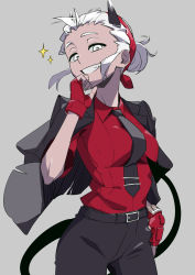 Rule 34 | 1girl, absurdres, belt, black belt, black jacket, black necktie, black pants, black suit, blush, breasts, collared shirt, commentary, cowboy shot, demon horns, demon tail, dress shirt, english commentary, fang, fingerless gloves, formal, gloves, grey background, grin, hair bun, hairband, hand on own hip, head tilt, helltaker, highres, horns, jacket, jacket on shoulders, justice (helltaker), looking at viewer, medium breasts, mixed-language commentary, necktie, no eyewear, open clothes, open jacket, pant suit, pants, red gloves, red shirt, shirt, shirt tucked in, shishima eichi, short hair, silver hair, simple background, single hair bun, smile, solo, sparkle, suit, tail, teeth, white eyes, wing collar