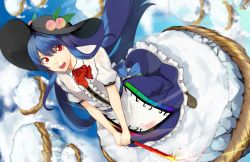 Rule 34 | 1girl, bad id, bad pixiv id, blue hair, cloud, day, dress, dutch angle, food, from above, fruit, full body, hat, highres, hinanawi tenshi, houmatu awa, long hair, looking at viewer, open mouth, peach, puffy sleeves, red eyes, ribbon, rock, rope, sash, short sleeves, solo, sword of hisou, touhou
