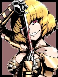 Rule 34 | 1girl, armor, bikini armor, blonde hair, blood, bloody weapon, breastplate, breasts, clementine (overlord), commentary request, dagger, evil grin, evil smile, gauntlets, grin, head tilt, knife, looking at viewer, medium breasts, one eye covered, overlord (maruyama), papaya (neopapaya2020), pauldrons, red eyes, short hair, shoulder armor, smile, solo, upper body, weapon