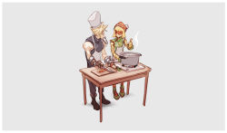 Rule 34 | 1boy, 1girl, ^ ^, apron, arms (game), beanie, black shirt, blonde hair, chef hat, closed eyes, cloud strife, cooking, cutting board, closed eyes, final fantasy, final fantasy vii, grey background, hat, highres, knife, mask, min min (arms), nin nakajima, nintendo, orange headwear, pot, shirt, short hair, simple background, sleeveless, spiked hair, super smash bros., table, thumbs up, toque blanche, turtleneck