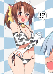 Rule 34 | 1boy, 1girl, animal ears, animal print, ayasaki hayate, bare shoulders, bell, blush, breasts, brown hair, cleavage, collar, collarbone, covering breasts, covering privates, cow ears, cow girl, cow horns, cow print, cow print bikini, cowbell, elbow gloves, gloves, groin, hayate no gotoku!, highres, hoppege, horns, large breasts, long hair, maria (hayate no gotoku!), navel, neck bell, open mouth, ponytail, print bikini, red eyes, stomach, swimsuit, thighs