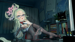 Rule 34 | 1girl, absurdres, blue archive, blue eyes, coffee cup, cookie, cup, desk, disposable cup, feet, food, glasses, green hair, highres, long hair, meru (blue archive), mrito, open mouth, pantyhose, soles, stylus, toes