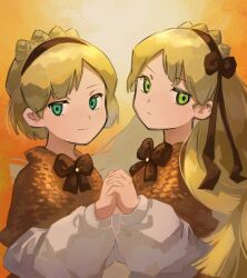 Rule 34 | 115 koubunshi, 1boy, 1girl, aqua eyes, blonde hair, bow, bowtie, braid, brown bow, brown bowtie, brown capelet, brown hairband, capelet, closed mouth, crown braid, green eyes, hair bow, hairband, holding hands, lobotomy corporation, long hair, long sleeves, looking at viewer, medium hair, project moon, puffy long sleeves, puffy sleeves, shirt, tiphereth a (project moon), tiphereth b (project moon), upper body, very long hair, white shirt, yellow background