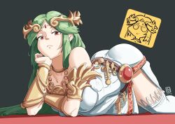 Rule 34 | 1girl, alternate eye color, ancient greek clothes, armlet, ass, automatic giraffe, bare shoulders, breasts, chain, chiton, collarbone, diadem, dress, forehead jewel, gold chain, green hair, head rest, highres, jewelry, kid icarus, kid icarus uprising, large breasts, long hair, neck ring, nintendo, palutena, parted bangs, pendant, red eyes, single thighhigh, solo, strapless, strapless dress, super smash bros., thighhighs, vambraces, very long hair, white dress, white thighhighs