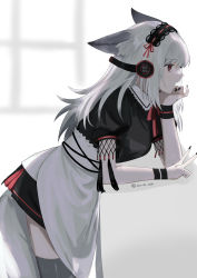 Rule 34 | 1girl, absurdres, alternate costume, animal ears, apron, arknights, black hairband, black nails, black shirt, black skirt, breasts, cowboy shot, enmaided, fang, fox ears, fox girl, fox tail, from side, frostleaf (arknights), grey hair, hairband, head rest, headphones, highres, implied extra ears, inu to milk, leaning forward, long hair, maid, maid apron, nail polish, open mouth, profile, red eyes, red ribbon, ribbon, shirt, short sleeves, skirt, small breasts, solo, tail, twitter username, v, white apron, window