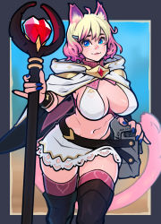 Rule 34 | 1girl, animal ears, black footwear, blonde hair, blue eyes, blue nails, blush, boots, breasts, cait (corruption of champions), cat ears, cat girl, cat tail, character request, cleavage, corruption of champions 2, facial mark, hair ornament, hairclip, highres, holding, holding staff, large breasts, lips, looking at viewer, multicolored hair, nail polish, navel, parted lips, pink hair, short hair, smile, solo, staff, tail, thigh boots, thighhighs, wahae, whisker markings