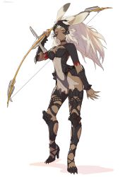 Rule 34 | 1girl, absurdres, animal ears, armor, black choker, bow (weapon), choker, closed mouth, contrapposto, dark-skinned female, dark skin, final fantasy, final fantasy xii, final fantasy xiv, fran (ff12), full body, hand up, high heels, highres, holding, holding bow (weapon), holding weapon, kotatsu (g-rough), long hair, looking at viewer, navel, rabbit ears, red eyes, simple background, solo, viera, weapon, white background, white hair