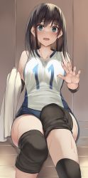 Rule 34 | 1girl, blue eyes, breasts, brown hair, clothing request, collarbone, highres, holding, holding towel, kureha (ironika), looking at viewer, medium breasts, number print, open mouth, original, shorts, sitting, socks, sportswear, sweat, tank top, thick thighs, thighs, towel, tsubasa (kureha), volleyball uniform, wide hips