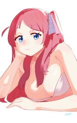 Rule 34 | 1girl, ahoge, arm support, bikini, blue eyes, breasts, cleavage, closed mouth, from side, hair ribbon, highres, large breasts, long hair, looking at viewer, minamoto sakura, polka dot, polka dot ribbon, red hair, ribbon, ryusei hashida, signature, simple background, smile, solo, swimsuit, upper body, white background, white bikini, zombie land saga