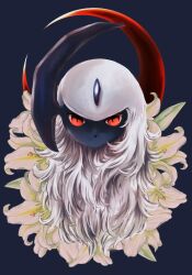 Rule 34 | absol, animal focus, blue background, creatures (company), flower, forehead jewel, fuju1012, game freak, gen 3 pokemon, horns, looking at viewer, moon, nintendo, no humans, pokemon, pokemon (creature), portrait, red eyes, simple background, single horn, solo, white hair
