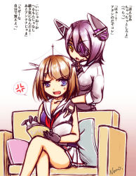 Rule 34 | 10s, blue eyes, brown hair, couch, eyepatch, gloves, hair ornament, headgear, kantai collection, maya (kancolle), multiple girls, nonochie, purple hair, short hair, tenryuu (kancolle), translation request, yellow eyes