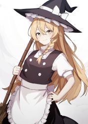 Rule 34 | 1girl, absurdres, apron, black hat, black skirt, black vest, blonde hair, blush, bow, braid, broom, closed mouth, commentary, cowboy shot, hair between eyes, hair bow, hand on own hip, hat, hat bow, highres, holding, holding broom, kirisame marisa, long hair, looking at viewer, puffy short sleeves, puffy sleeves, shiratakiseaice, shirt, short sleeves, simple background, single braid, skirt, sleeve cuffs, smile, solo, touhou, vest, waist apron, white apron, white background, white bow, white shirt, witch hat, yellow eyes