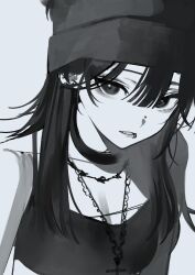Rule 34 | 1girl, bare shoulders, beanie, breasts, choker, cleavage, crop top, ear piercing, fang, fang out, greyscale, hair between eyes, hat, highres, jewelry, light smile, lip piercing, long hair, looking at viewer, medium breasts, monochrome, necklace, nose piercing, original, parted lips, piercing, solo, upper body, whoami (sok 0000)