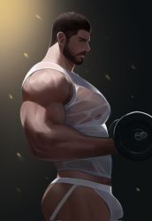 Rule 34 | 1boy, ass, bara, black hair, bulge, chris redfield, closed mouth, covered erect nipples, exercising, facial hair, gr goden, highres, jockstrap, large pectorals, male focus, male underwear, muscular, muscular male, pectorals, resident evil, resident evil village, see-through, shirt, short hair, solo, underwear, weightlifting, white male underwear, white shirt