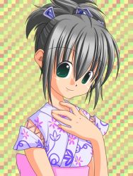 Rule 34 | 1girl, black hair, green eyes, hana, hana (pangya), japanese clothes, kimono, pangya, smile, solo, yukata