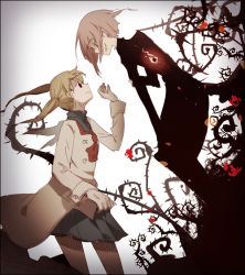 Rule 34 | 00s, androgynous, blonde hair, coat, crona (soul eater), dhiea, frown, gender request, gloves, grin, long hair, looking at another, maka albarn, pink hair, short hair, smile, soul eater, thorns, twintails, white gloves