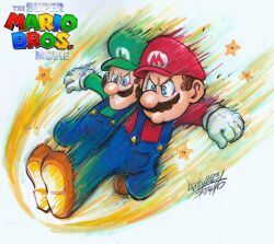 Rule 34 | 2boys, angry, blue eyes, brothers, facial hair, flying kick, full body, gloves, hat, highres, kicking, luigi, mario, mario (series), multiple boys, mustache, nintendo, overalls, power-up, rider kick, serious, siblings, super star (mario), the super mario bros. movie, title