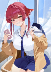 1girl absurdres bag blue_necktie blue_skirt blue_sky breasts cellphone grin heterochromia highres holding holding_bag holding_phone hololive houshou_marine jacket large_breasts miniskirt moku_yoi necktie phone pleated_skirt red_eyes red_hair school_bag school_uniform serafuku shirt skirt sky smartphone smile solo twintails virtual_youtuber white_shirt window yellow_eyes yellow_jacket