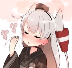 Rule 34 | 1girl, :o, alternate costume, amatsukaze (kancolle), blush, character print, commentary request, ear blush, closed eyes, grey hair, hair tubes, japanese clothes, kantai collection, kimono, long hair, nose blush, solo, two side up, upper body, white background, yoru nai, yukata