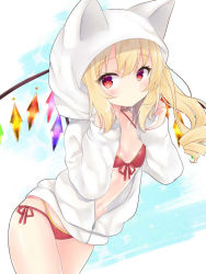 Rule 34 | 1girl, animal hood, bikini, bikini under clothes, blonde hair, blush, breasts, cat hood, closed mouth, commentary request, flandre scarlet, highres, hood, jacket, long hair, looking at viewer, navel, open clothes, open jacket, red bikini, red eyes, side-tie bikini bottom, side ponytail, small breasts, solo, swimsuit, tosakaoil, touhou, white jacket, wings, zipper
