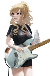 Rule 34 | 1girl, absurdres, black footwear, black shirt, blush, bottle, breasts, cable, electric guitar, guitar, highres, holding, holding bottle, holding plectrum, idolmaster, idolmaster cinderella girls, instrument, lamp p9, looking to the side, medium breasts, ohtsuki yui, plectrum, ponytail, relic (guitar), shirt, short sleeves, sidelocks, simple background, solo, water bottle, wavy hair, white background