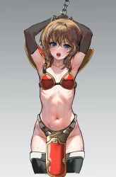 1girl armor armpits bikini_armor black_thighhighs blue_eyes blush breasts cosplay dragon_quest dragon_quest_iii elbow_gloves gloves gundam gundam_zz highres huo_ji_wu looking_at_viewer navel open_mouth orange_hair puru_two red_armor restrained ribs shiny_skin short_hair sidelocks small_breasts solo standing sweat thighhighs warrior_(dq3) warrior_(dq3)_(cosplay)