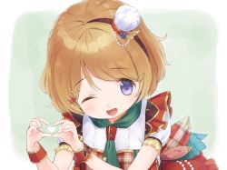 Rule 34 | 1girl, brown hair, eichisu, green background, green neckwear, hair ornament, hat, heart, jewelry, koizumi hanayo, looking at viewer, love live!, love live! school idol project, mini hat, one eye closed, open mouth, puffy short sleeves, puffy sleeves, purple eyes, short hair, short sleeves, smile, solo, swept bangs, two-tone background, white background, wrist cuffs