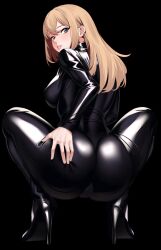 Rule 34 | 1girl, arm behind back, ass, ass focus, black background, black bodysuit, blonde hair, blue eyes, blush, bodysuit, breasts, commentary request, double-parted bangs, from behind, hair between eyes, hand on own ass, high heels, highres, large breasts, latex, latex bodysuit, long hair, looking at viewer, looking back, original, parted lips, shiny clothes, sidelocks, simple background, skin tight, solo, spread legs, squatting, teeth, volyz