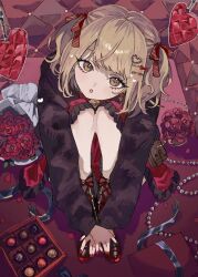Rule 34 | 1girl, azusawa kohane, black shirt, blonde hair, bow, box, box of chocolates, flower, hair bow, hair ribbon, heart, highres, inu totemo, jewelry, long hair, long sleeves, looking at viewer, looking up, medium hair, necklace, open mouth, pearl necklace, project sekai, red bow, red flower, red ribbon, red rose, ribbon, rose, shirt, sitting, solo, two side up, valentine, yellow background
