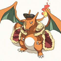 Rule 34 | baseball cap, black hat, blue eyes, cape, charizard, claws, closed mouth, clothed pokemon, cosplay, creatures (company), dragon, fire, flame-tipped tail, from above, full body, fur-trimmed cape, fur trim, game freak, gen 1 pokemon, grey background, hat, horns, leon (pokemon), leon (pokemon) (cosplay), looking up, matsuri (matsuike), nintendo, no humans, pokemon, pokemon (creature), red cape, simple background, single horn, solo, standing, tail, wings
